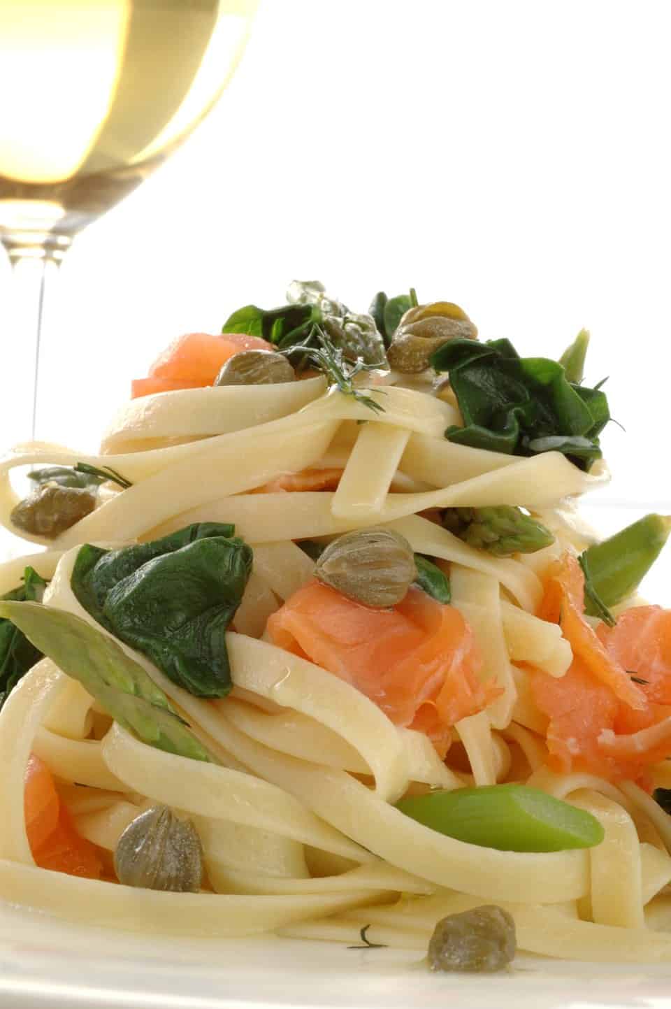 Fettuccine with Salmon, Asparagus and Capers in Lemon and Dill Oil