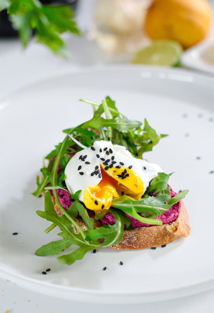 Feta Cheese Beetroot Dip with poached egg and arugula