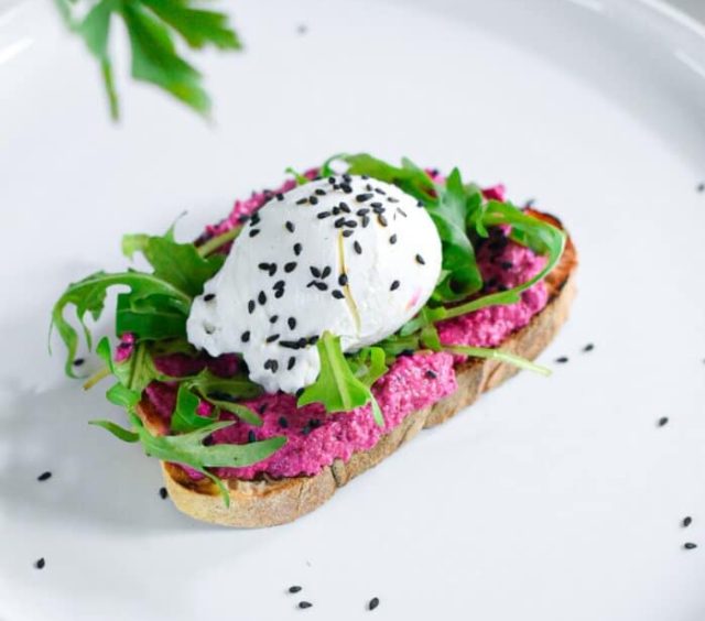 Feta Cheese Beet Dip with Toast and Arugula