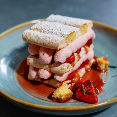 Kardinalschnitte with Roasted Strawberries & Strawberry Cream