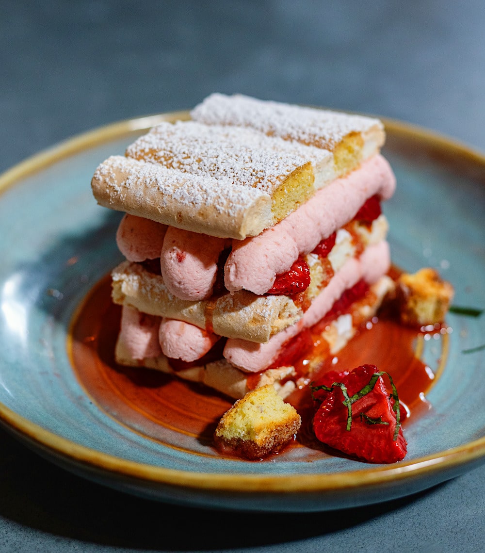 Kardinalschnitte with Roasted Strawberries & Strawberry Cream
