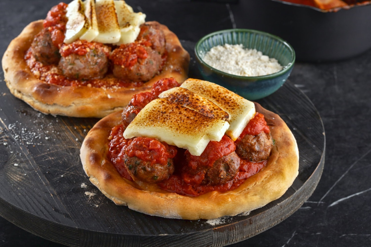 Baked Meatball Pizza with Homemade Tomato Sauce & Cheese
