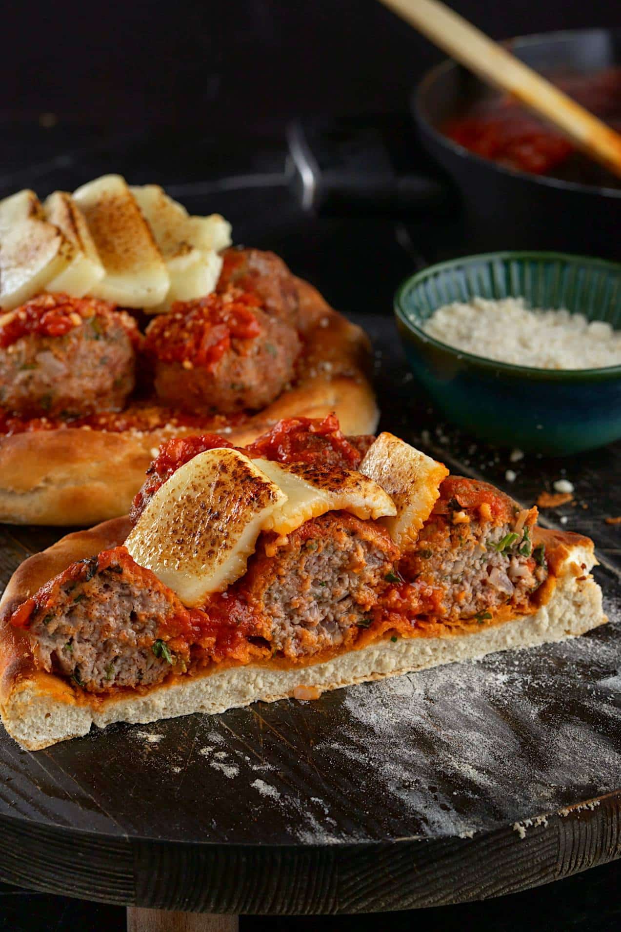 Baked Meatball Pizza with Homemade Tomato Sauce & Cheese