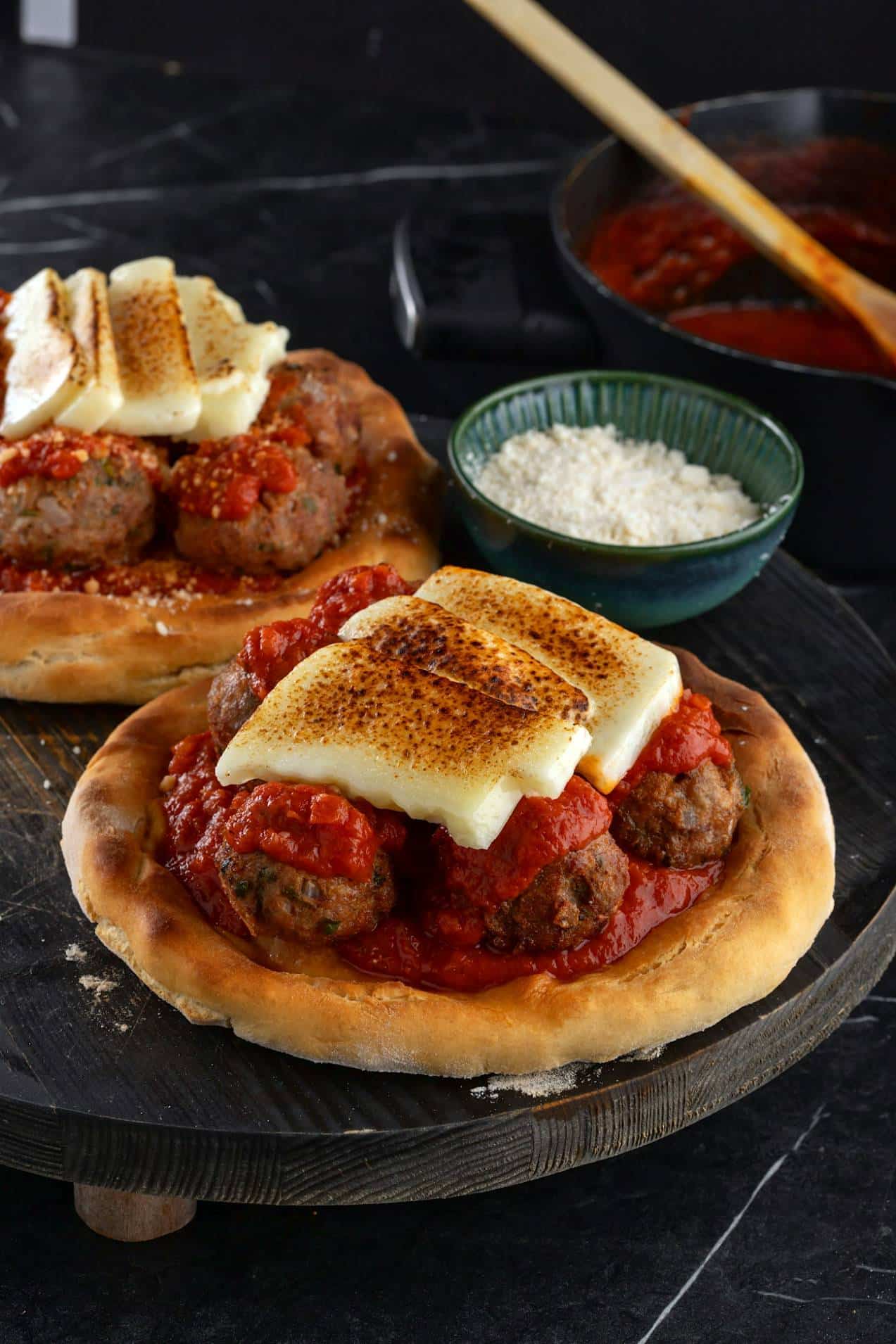 Baked Meatball Pizza with Homemade Tomato Sauce & Cheese