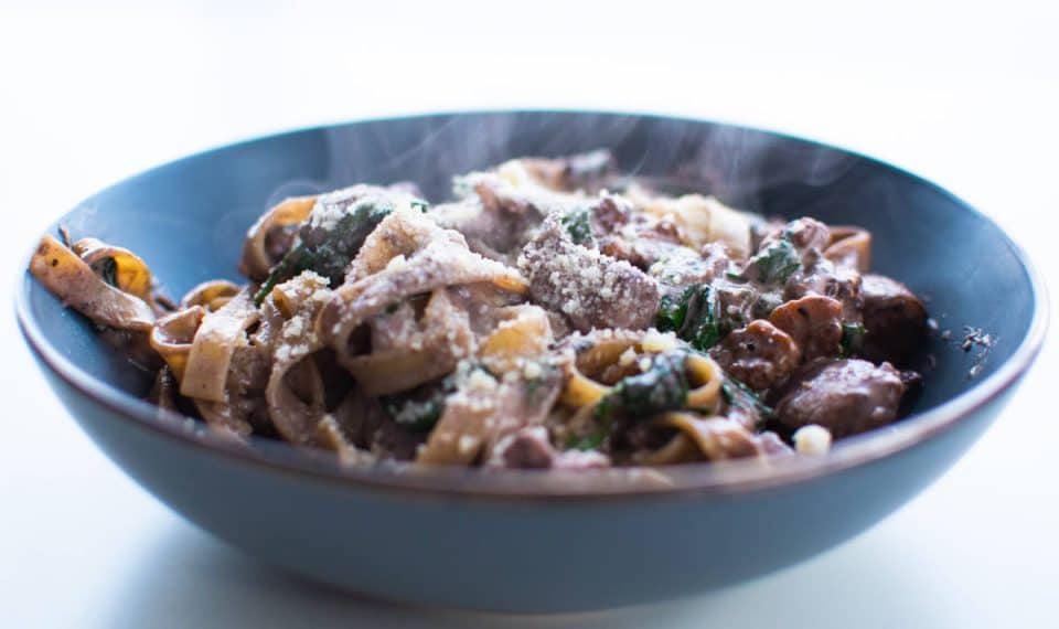 Mushroom Tagliatelle with Walnuts & Green Leaves