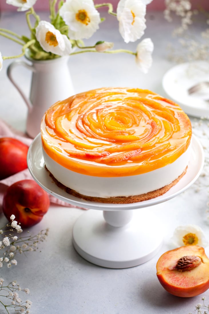 Layered Peach Yogurt Cake with Almond Base