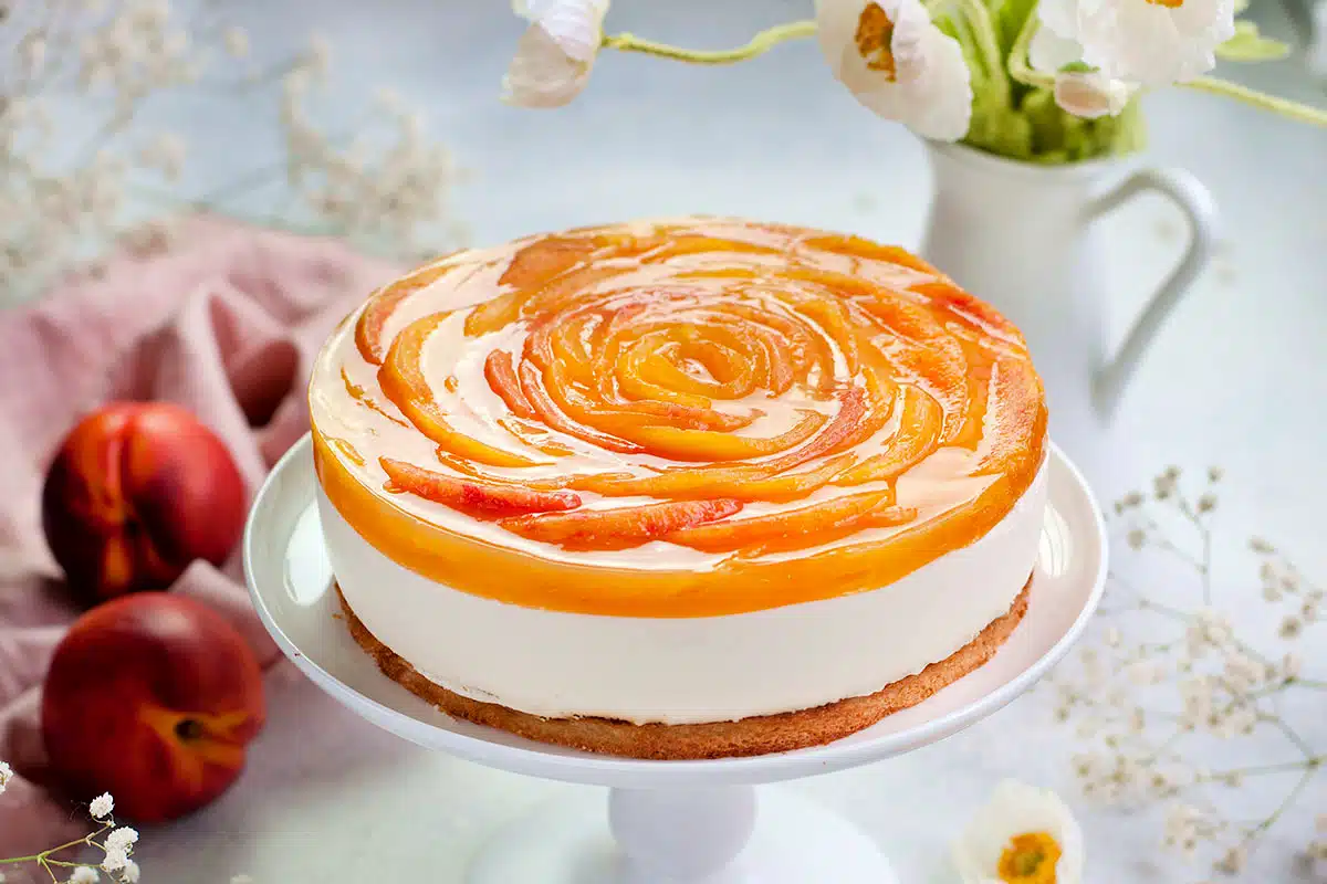Layered Peach Yogurt Cake with Almond Base